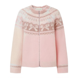 SunsetPark日落公园 原创奶油色温暖复古费尔岛蝴蝶结纹理毛衣