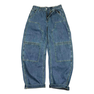 日系复古水洗阔版纯棉牛仔裤 弯刀+伐木工融合元素美式工装多袋裤