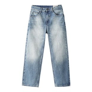 LUUD 猫须纹水洗漂白牛仔裤男士做旧纯棉韩风直筒阔腿春季长裤子