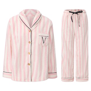 「LA」Vesta维斯塔*轻奢柔软贴身气质法兰绒粉条纹秋冬女纯欲睡衣