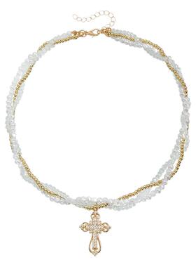 Norns欧美法式麻花仿珍珠缠绕镶钻十字架多层necklace项链锁骨链