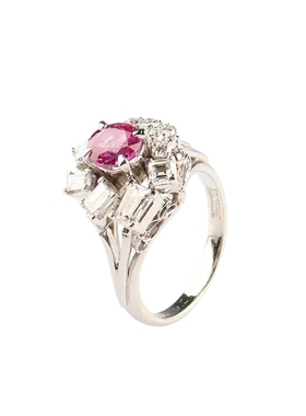 中古95新VINTAGE日本进口椭圆形粉色蓝宝石钻石铂金900戒指48号