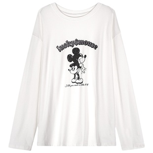 今屿花花 t恤女初秋上衣长袖2025新款宽松白色米奇印花小众设计感