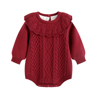 婴儿毛衣百天女宝宝红色连体衣秋冬荷叶领加绒哈衣爬服洋气周岁服
