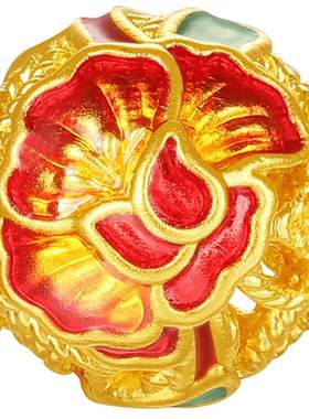 潮宏基十二花神足金串珠黄金转运珠硬金鎏彩国色牡丹花隔珠生日