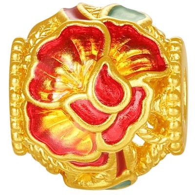 潮宏基十二花神足金串珠黄金转运珠硬金鎏彩国色牡丹女隔珠花球