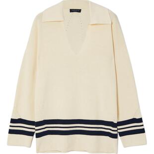 【38开门红】Rag＆Bone女秋冬V型翻领条纹米色毛衣