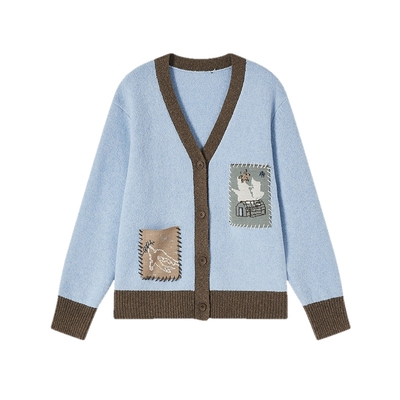 飞鸟和新酒蓝色提花针织衫女2025冬季新款宽松休闲外穿羊毛开衫