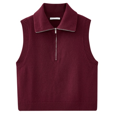 水云间polo领纯羊毛针织背心上衣女复古酒红色无袖坎肩2025冬新款