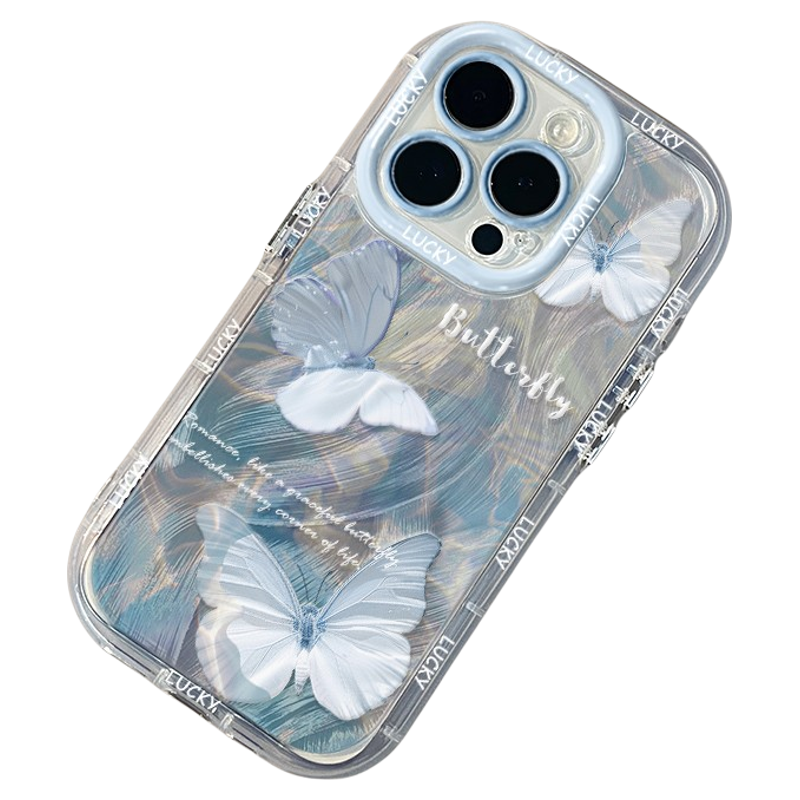 水波纹蝴蝶适用苹果16奶油羽纱纹卡通透明手机壳iphone15可爱华为苹果11创意可爱保护套防摔15ProMax全包趣味