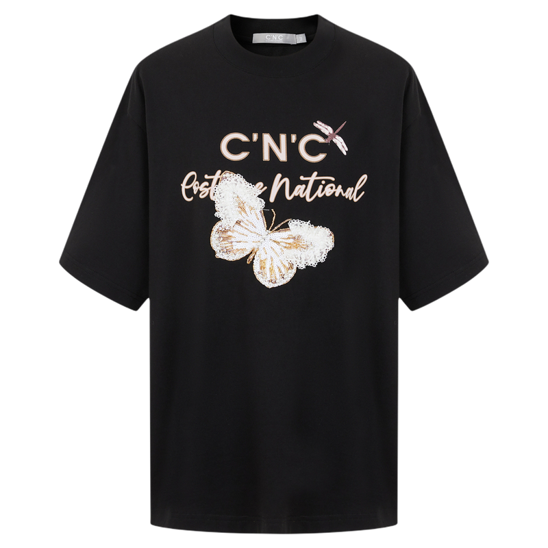 【100%纯棉】CNC女装2026夏季重工亮片蝴蝶宽松休闲圆领短袖T恤女