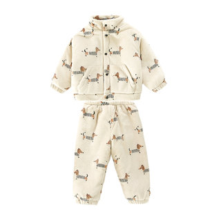 男童冬季新款加厚一条过冬睡衣套装男娃娃保暖羊羔毛家居服两件套