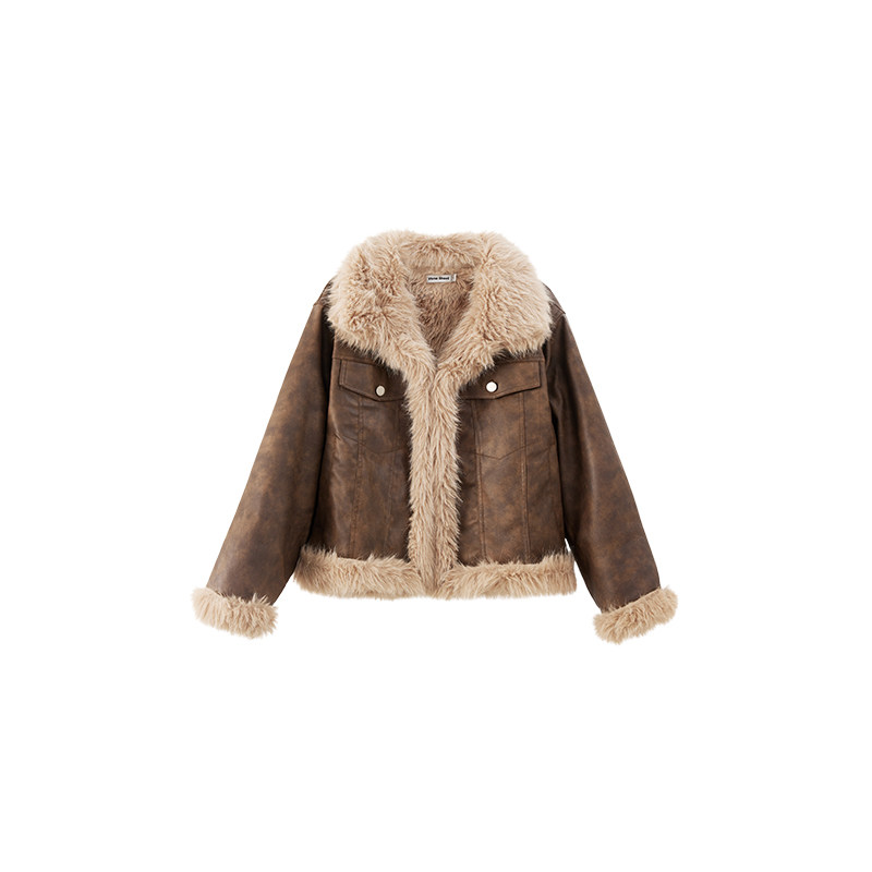 Vone SheeE美式复古毛毛短外套冬2025新款皮草机车服女式皮毛一体