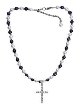 同款珍珠虎眼石十字架镀金项链