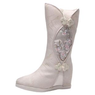 秋冬季内增高老北京布鞋女中筒汉服靴子高跟茶服舞鞋民族风绣花鞋