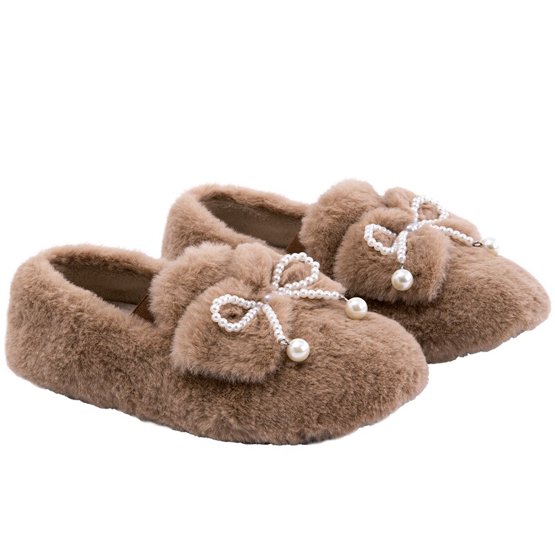 ELLEkids女童珍珠蝴蝶结毛毛鞋