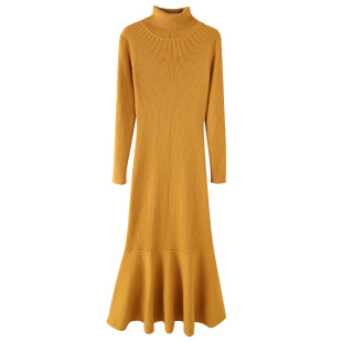 秋冬加绒加厚鱼尾连衣裙女长款高领保暖修身内搭打底毛衣裙长裙冬