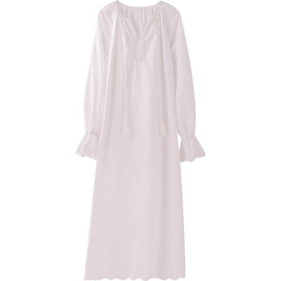 CR刺绣100%棉长袖连衣裙白色文艺