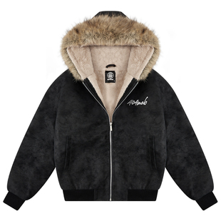 404MOB超厚软糯毛绒内里座山雕外套大毛领荔枝软皮保暖连帽棉衣冬