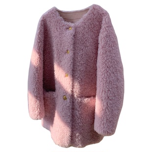 绵密柔软羊羔毛皮毛一体纯羊毛圆领金扣韩版皮草女冬毛毛外套粉色