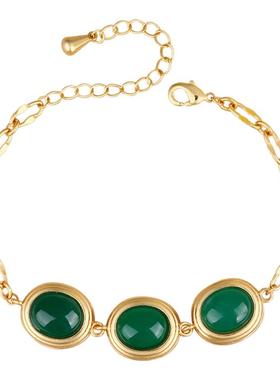 跨境气质复古风椭圆几何绿宝石配件链条铜镀金手链小红薯直播热销