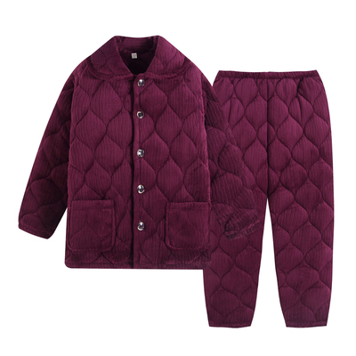 冬季中老年睡衣女珊瑚绒三层夹棉加厚加绒奶奶套装老人保暖家居服