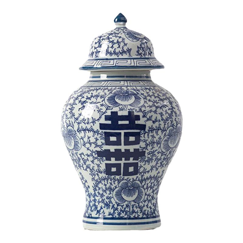 景德鎮(zhèn)中式仿古青花手工瓷器喜字儲物罐客廳博古架擺件茶葉罐