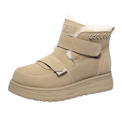 森达牛皮雪地靴东北加绒厚底短靴