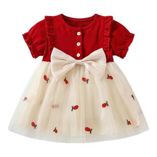 女宝短袖连衣裙夏季2026新款婴儿周岁满月夏装礼服女童红色公主裙