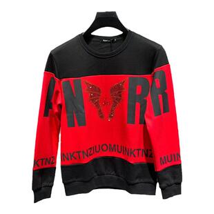 卫衣男2024秋冬新款ins拼色潮流上衣加绒个性修身圆领时尚打底衫