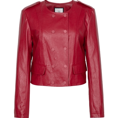 XG雪歌红色长袖街头风短外套时尚冬季新款通勤简约圆领皮质外套女