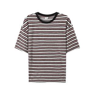 三福2026夏季新款短袖t恤男条纹撞色领休闲宽松圆领半袖打底衫