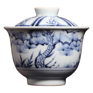 溪兰仰元盖碗青花松竹梅二才泡茶碗景德镇溪兰仰元手工功夫茶具