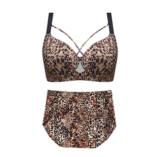 一家缘性感豹纹套装内衣女大胸文胸无痕舒适大码调整型收副乳胸罩
