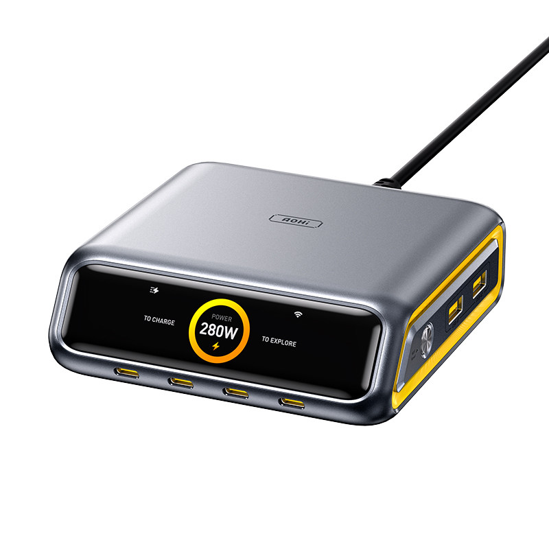 Aohi奥海280W桌面充电站AI智能智显氮化镓充电器头多口Pd3.2适用苹果小米华为MacBook笔记本电脑手机平板通用