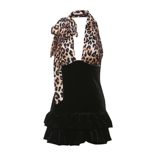 怪诞女孩 性感名媛风豹纹拼接深V领挂脖连衣裙女 露背高腰A字短裙