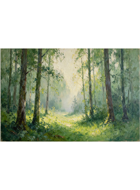 可班手绘油画晨雾森林客厅装饰画