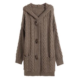 羊毛连帽毛衣外套女开衫中长款加厚麻花秋冬针织宽松大码粗线大衣