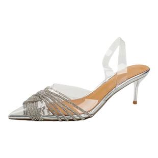 透明凉鞋女2025夏季新款仙女风性感水钻酒杯跟高跟鞋银色尖头凉拖