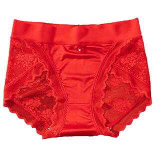 收腹内裤女中高腰蕾丝边性感透明少女士冰丝本命年红色抗菌纯棉裆