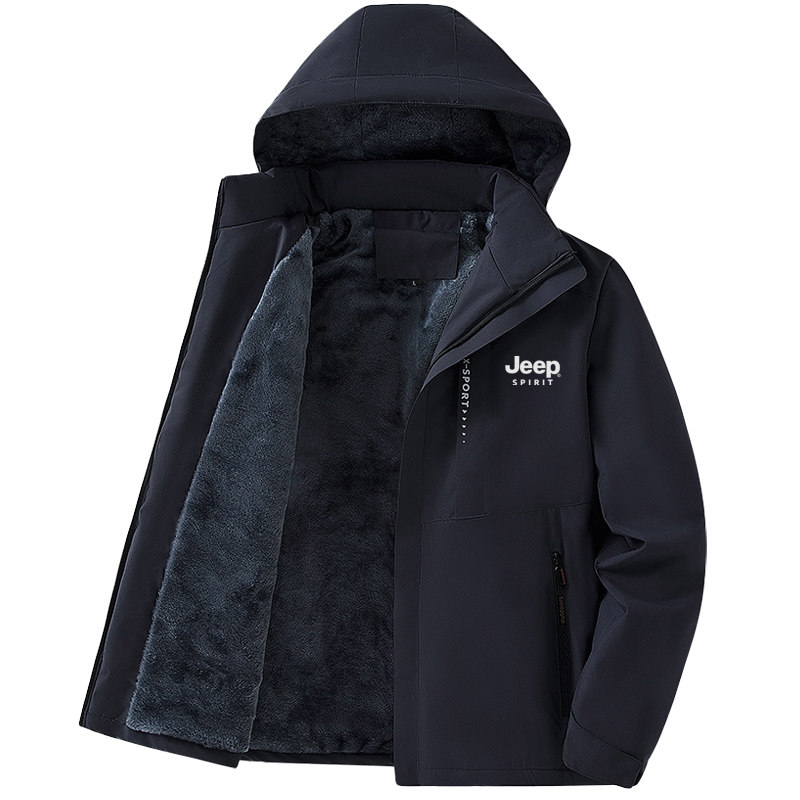 JEEP吉普加绒加厚连帽防风户外休闲夹克男款保暖冲锋衣棉服夹克男