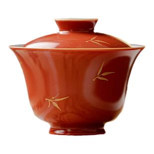 舍己宜物珊瑚红纯手绘盖碗描金泡茶碗茶杯不烫手手工陶瓷功夫茶具