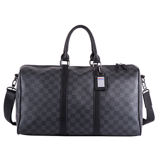 潮牌格子手提旅行包短途行李包大容量单肩包 新款皮质横款健身包