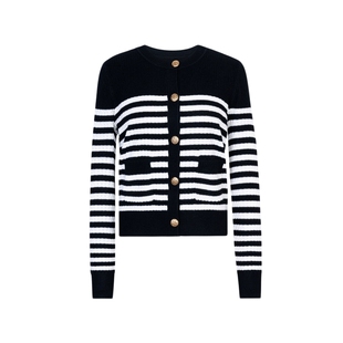 XG/雪歌XK111007B199 黑白条纹设计针织衫通勤长袖休闲开衫毛衣女