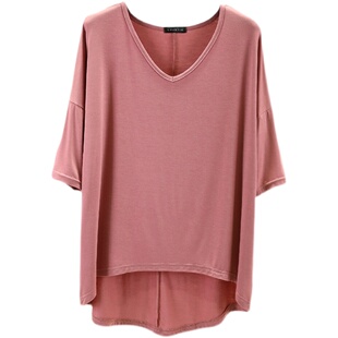 莫代尔t恤女春夏V领冰丝纯色低领打底衫内搭宽松显瘦薄款中袖上衣
