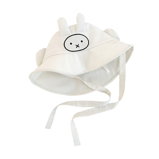 可爱卡通米菲兔耳朵渔夫帽女大头围大帽檐遮阳防晒帽绑带登山帽子