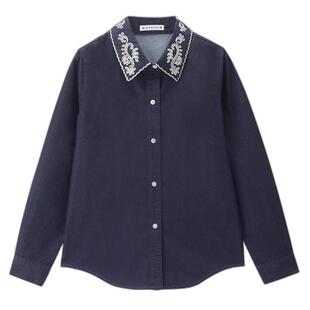 设计师款佐丹奴2026年春撞色绣花翻领宽松长袖牛仔衬衫女18346505