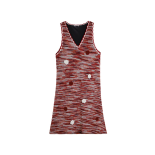 有耳uare原创设计 霓虹派对 复古撞色红条纹手钩花V领背心连衣裙