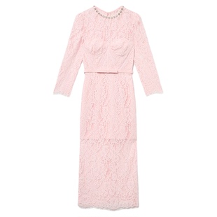 self-portrait 2025春夏粉红色优雅钻饰圆领长袖蕾丝连衣裙