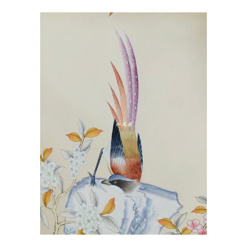 真丝手绘中国风工笔花鸟米色丝绸定制壁画